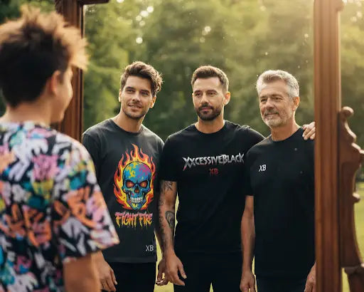 Ein junger Mann mit farbigem T-Shirt, steht einer freundlichen Gruppe von Männern verschiedener Generationen gegenüber.