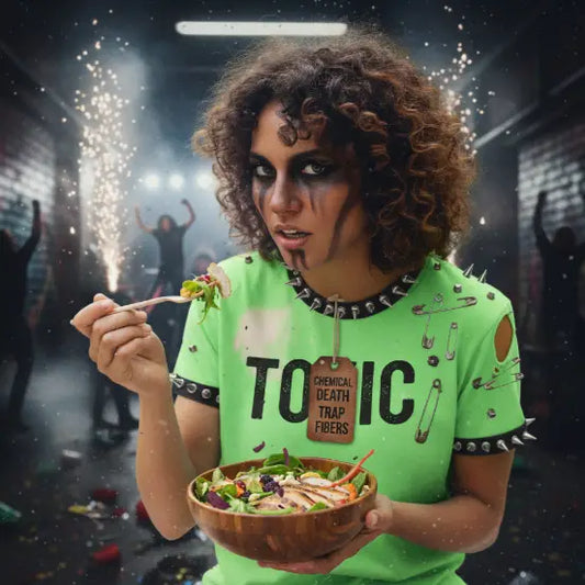 Eine junge Frau isst gesunden Salat aber trägt ein toxisches Rock T-Shirt.