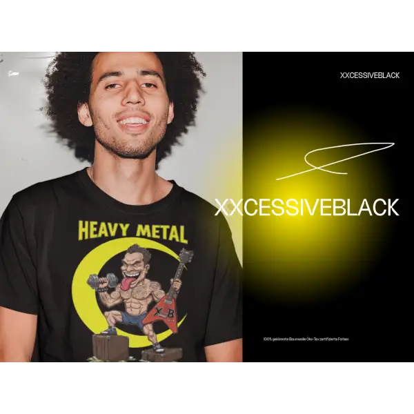 Mann mit Heavy Metal T-Shirt von XXCESSIVEBLACK. Ein Rockstar auf Geldkisten mit Hantel und Gitarre