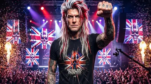 Rockstar ballt Sieger-Faust und trägt ein Premium Rock T-Shirt mit hochwertigem Flaggen-Design aus 100% gekämmter Baumwolle.