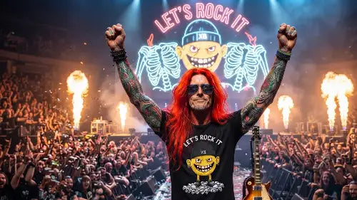 Rockstar streckt die Hände in die Höhe und trägt ein Premium Rock T-Shirt aus 100% gekämmter Baumwolle mit komplexem Smiley Design aus Öko-Tex zertifizierten Farben und einer Grammatur von 185g/m².