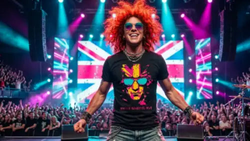 Rockstar trägt auf der Bühne ein Premium Rock T-Shirt mit hochwertigem Flaggen Design aus 100% gekämmter Baumwolle & Öko-Tex zertifizierten Farben sowie einer Grammatur von 185g/m².