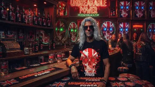 Rocker in Bar trägt komplexes Premium Rock T-Shirt aus 100% gekämmter Baumwolle mit einer Grammatur von 185g/m² und hochwertigem Skull Design aus Öko-Tex zertifizierten Farben.