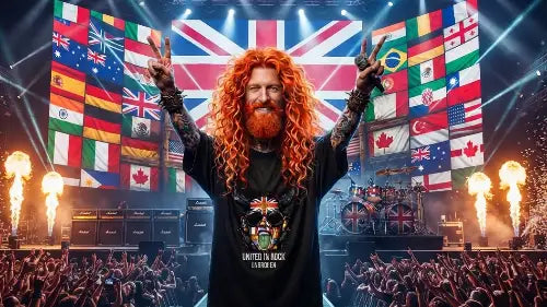 Rockstar trägt während eines Konzertes ein Premium Rock T-Shirt aus 100% Bio-Baumwolle mit komplexem Flaggen-Kopf Design und einer Grammatur von 240g/m².