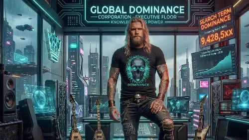 Rocker im Büro trägt Premium Rock T-Shirt aus 100% gekämmter Baumwolle mit komplexem Skull Design aus Öko-Tex zertifizierten Farben in einer Grammatur von 185g/m².