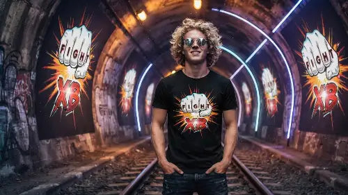 Rockiger junger Mann im Bahn-Tunnel trägt Premium Rock T-Shirt mit hochwertigem Fight-Design aus Öko-Tex zertifizierten Farben in einer Grammatur von 185g/m² aus 100% gekämmter Bamwolle.