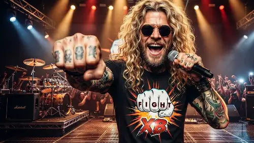 Rocksänger lacht in die Kamera und trägt ein hochwertiges Premium Rock T-Shirt aus 100% gekämmter Baumwolle mit komplexem Faust-XB Design aus Öko-Tex zertifizierten Farben bei einer Grammatur von 185g/m².