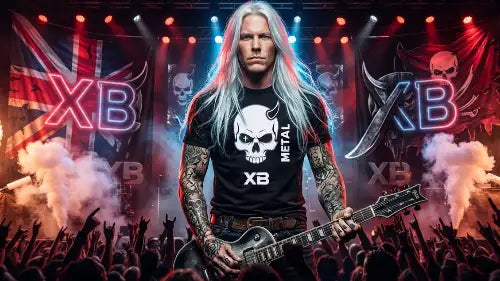 Gitarrist trägt bei Konzert Premium Rock T-Shirt aus 100% gekämmter Baumwolle mit komplexem Skull-Metal-Design aus Öko-Tex zertifizierten Farben.