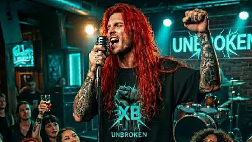 Rockstar bei Auftritt trägt ein Premium Rock T-Shirt aus 100% Bio-Baumwolle mit Faust Design aus Öko-Tex zertifizierten Farben und einer Grammatur von 240g/m² im oversized Stil.