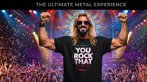Muskulöser Rocker trägt auf der Bühne ein Premium Rock T-Shirt aus 100% Bio-Baumwolle mit Schriftzug: YOU ROCK THAT aus Öko-Tex zertifizierten Farben bei einer Grammatur von 240g/m².