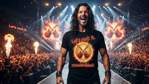 Rockstar auf Bühne trägt hochwertiges Premium Rock T-Shirt aus 100% gekämmter Baumwolle mit komplexem Gitarren-Design in einer Grammatur von 185g/m² und Öko-Tex zertifizierten Farben.