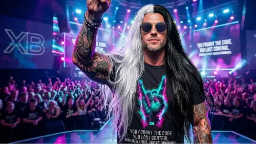 Rockstar trägt auf der Bühne ein Premium Rock T-Shirt aus 100% gekämmter Baumwolle mit komplexem Hand-Devil-Design von XB.