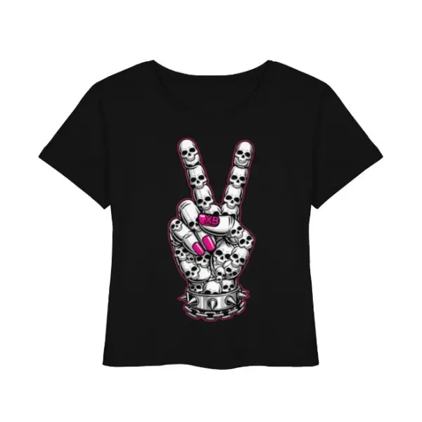 Rock T-Shirt für Frauen mit Druck einer Hand aus Totenköpfen, die das Friedenssymbol macht.