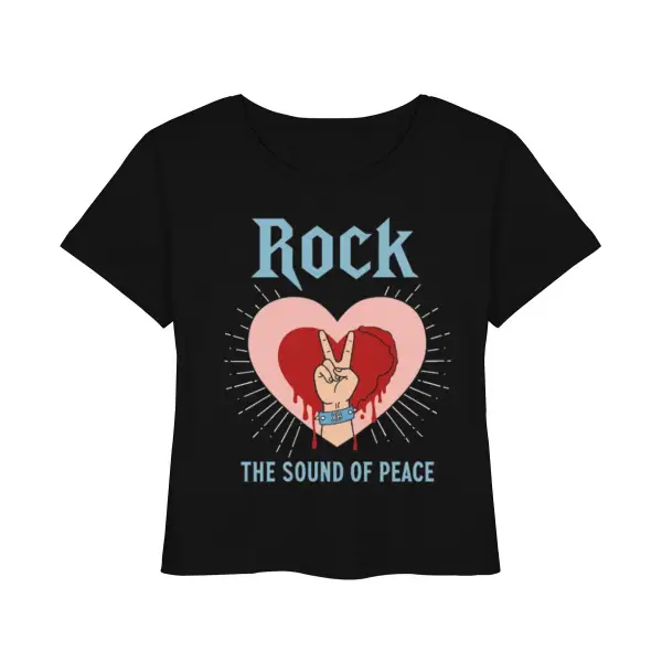 Rock T-Shirt für Frauen mit komplexem Druck einer Hand, die das Friedenssymbol macht sowie Herzen.