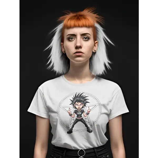 Model trägt Rock T-Shirt für Frauen mit hochwertigen Stinkefinger-Design.