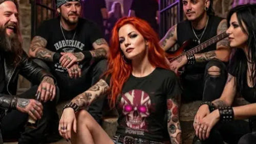 Rockerin mit Freunden auf einer Treppe trägt ein Premium Rock T-Shirt aus 100% Bio-Baumwolle mit hochwertigem Skull-Design aus Öko-Tex zertifizierten Farben von XB.