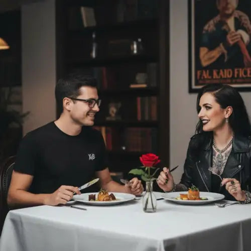 Paar beim Dinner und er trägt ein diskretes Premium Rock T-Shirt für Männer.