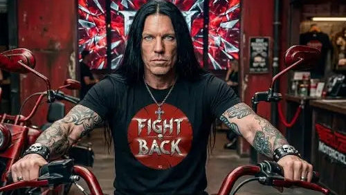 Rocker auf Motorrad trägt ein Premium Rock T-Shirt mit hochwertigem Fight-Back-Design aus Öko-Tex zertifizierten Farben und einer Grammatur von 185g/m² aus 100% gekämmter Baumwolle.