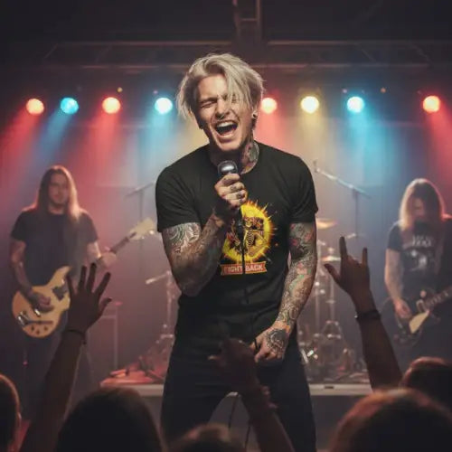 Junger Mann hat einen Auftritt und trägt ein Premium Rock T-Shirt für Männer mit auffälligem komplexem Design.