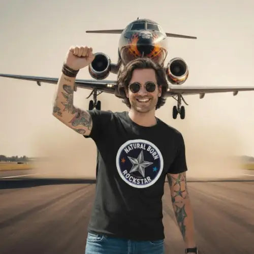 Flugzeug fliegt über Rockstar hinweg. Er trägt ein Premium Rock T-Shirt für Männer mit hochwertigem Star-Design.