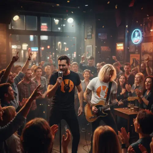 Zwei Männer beim Gig tragen jeweils ein Premium Rock T-Shirt für Männer mit Devilshand-Design.