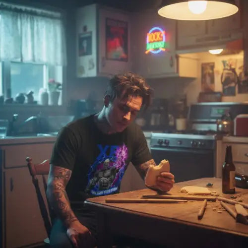 Rockstar sitzt in Küche und isst. Er trägt ein Premium Rock T-Shirt für Männer mit exklusivem Storm-Design.