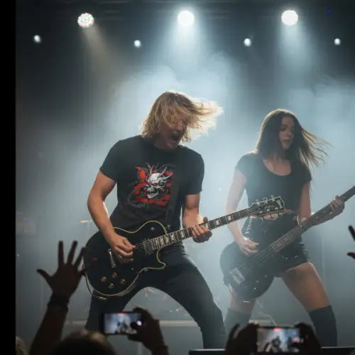 Mann spielt Rock-Konzert und trägt ein Premium Rock T-Shirt für Männer mit Premium-Skull-Design von XB.