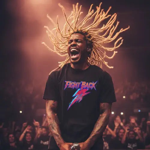 Schwarzer Sänger trägt ein Premium Rock T-Shirt für Männer mit hochwertigem Druck-Fight Back.