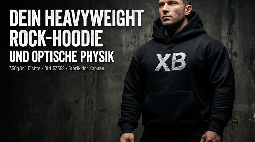 Dein Heavyweight Rock Hoodie in 350 g/m² Dichte mit XB-Logo & formstabiler Kapuze nach optischer Physik.