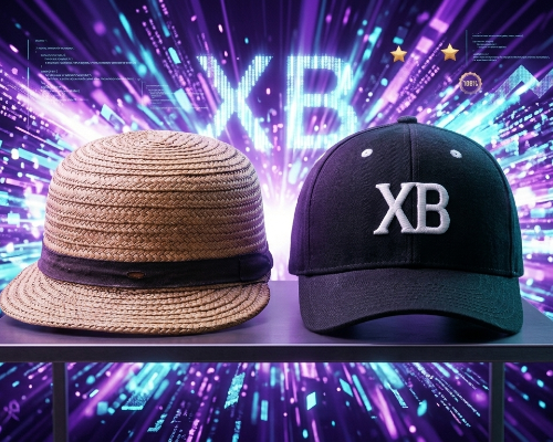 Eine Ur-Basecap aus Stroh neben einer modernen Basecap aus Bio-Baumwolle von XB.