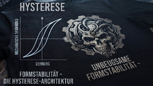 Dein Premium Rock T-Shirt: Schwarzes Premium Rock T-Shirt mit Hysterese-Diagramm und Totenkopf-Grafik zur Veranschaulichung der Formstabilität.