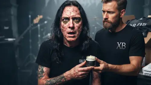 Werbebild: Schockierter Rocker mit Ausschlag bekommt ein Creme-Töpfchen von einem Mann im XB Premium Rock T-Shirt gereicht.