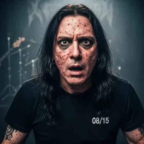 Mann mit billig T-Shirt hat eine Allergie.