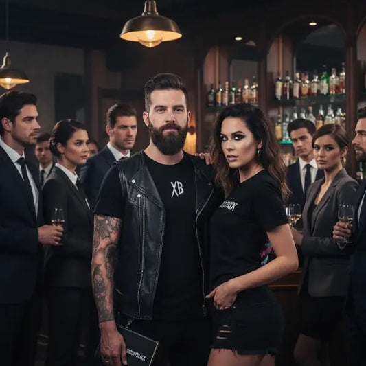 Ein Paar in einer Bar und trägt jeweils ein Rock T-Shirt von xxcessiveblack.