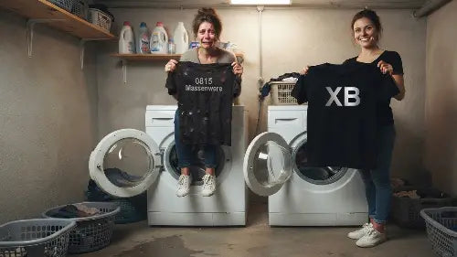 Premium Rock T-Shirt im direkten Qualitätsvergleich - verzweifelte Frau mit ausgelaugtem Billig-Shirt an Waschmaschine im Kontrast zu strahlender Frau mit formstabilen XB Premium Rock T-Shirt.