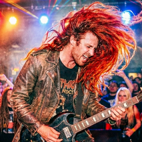 Rocker mit langen roten Haaren beim Konzert.