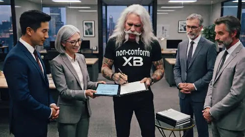 Rock-Rebell im Meeting - tätowierter Mann im non-conform XB Premium Rock T-Shirt unterschreibt Vertrag zwischen korrekten Anzugträgern im modernen Großraumbüro.