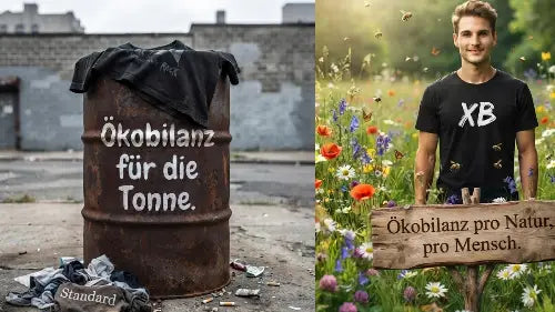 Fast-Fashion vs. dein Premium Rock T-Shirt von XB - Öko-Bilanz für die Tonne im direkten Vergleich zur Natur.