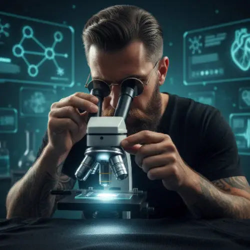 Mann schaut sich unter Mikroskop ein Premium Rock T-Shirt an.