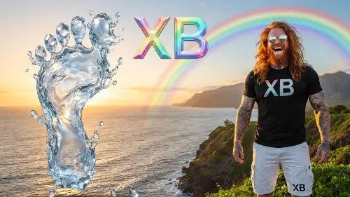 XXCESSIVEBLACK ökologischer Bericht: Grafischer Wasserfußabdruck neben dem XB-Logo und einem Model mit XB Premium Rock T-Shirt.