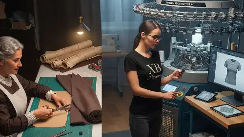 Schneiderin um !900 an ihrem Arbeitstisch sowie Schneiderin die ein Premium Rock T-Shirt aus 100% Bio-Baumwolle mit XB Druck trägt im Jahr 2026 an ihrem Arbeitsplatz.