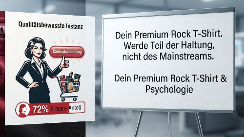Dein Premium Rock T-Shirt: Visualisierung zur Soziologie des Kaufs mit Frauen als qualitätsbewusste Instanz.