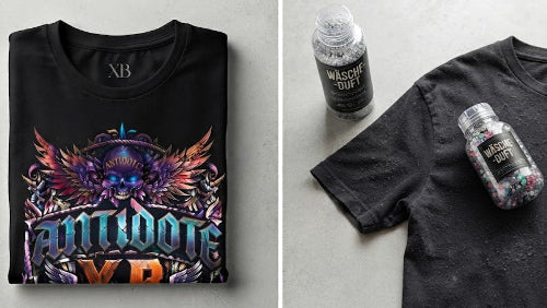 Dein Premium Rock T-Shirt: Gegenüberstellung von reiner Baumwolle und durch Chemie-Duftperlen versiegelte Faser.