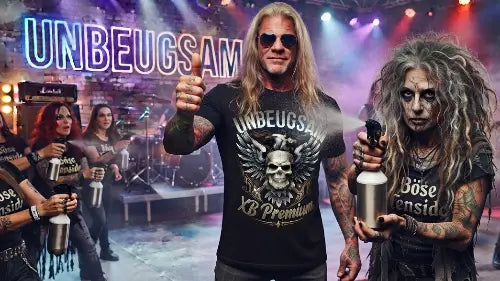 Werbebild: Cool gebliebener Rocker mit XB Premium Rock T-Shirt und Daumen hoch im Neon-Schriftzug UNBEUGSAM während Person mit Sprühflasche (Böse Tenside) auf ihn sprüht.