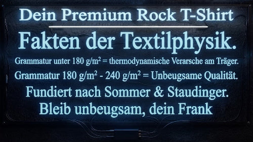 Dein Premium Rock T-Shirt: Infografik zur Textilphysik über Grammaturen unter 180 g/m² und die unbeugsame Qualität nach Sommer & Staudinger.