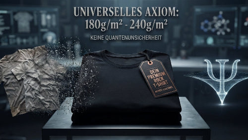 Dein Premium Rock T-Shirt: Stabiles 180g/m² bis 240g/m² Schwarz besiegt Quantenunsicherheit. (zerfallendes Billig-Shirt vs. Premium Rock T-Shirt).