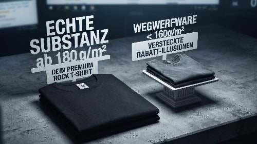 Dein Premium Rock T-Shirt & Rabatt-Illusionen: Vergleich von schwerer gekämmter Baumwolle ab 180 g/m² mit minderwertiger Wegwerfware.