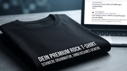 Dein Premium Rock T-Shirt - schweres, gefaltetes schwarzes Bio-Textil mit weißem Aufdruck und Google-Suchansicht im minimalistischen Studio-Look.