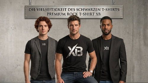 Ein Mann mit Weste sowie ein Mann mit Sakko als auch ein Mann nur mit Jeans tragen jeweils ein schwarzes Premium Rock T-Shirt aus 100 % gekämmter Baumwolle mit XB Design..