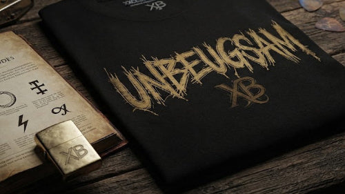 Dein Premium Rock T-Shirt und Semiotik - Schwarze Heavyweight T-Shirt mit Unbeugsam Schriftzug & semiotisches Referenzbuch.